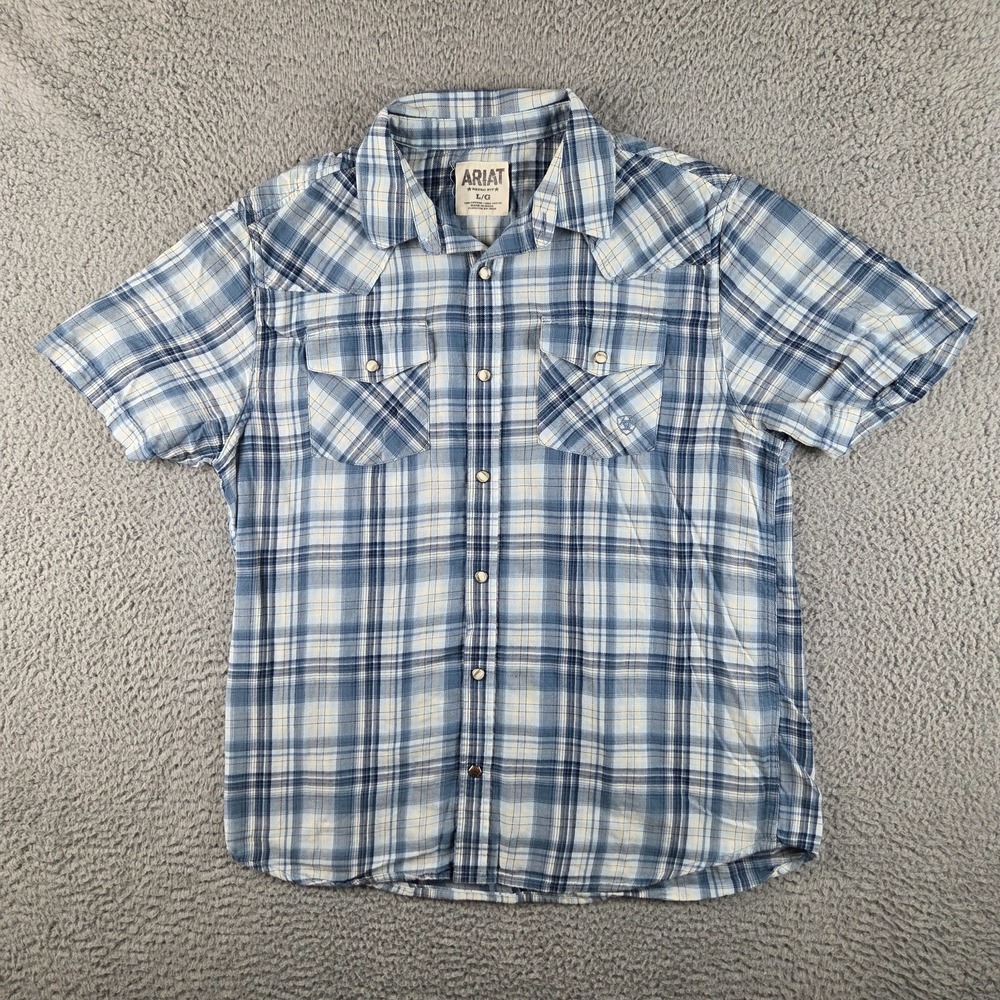 Ariat Retro Fit Pearl Snap Shirt Mens L Short Sleeve Blue White Plaid